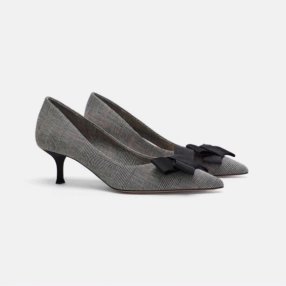 Zara Women’s Black Gray Plaid Bow Mini Heels EU 36 Pumps Office Career Shoes - Picture 3 of 16